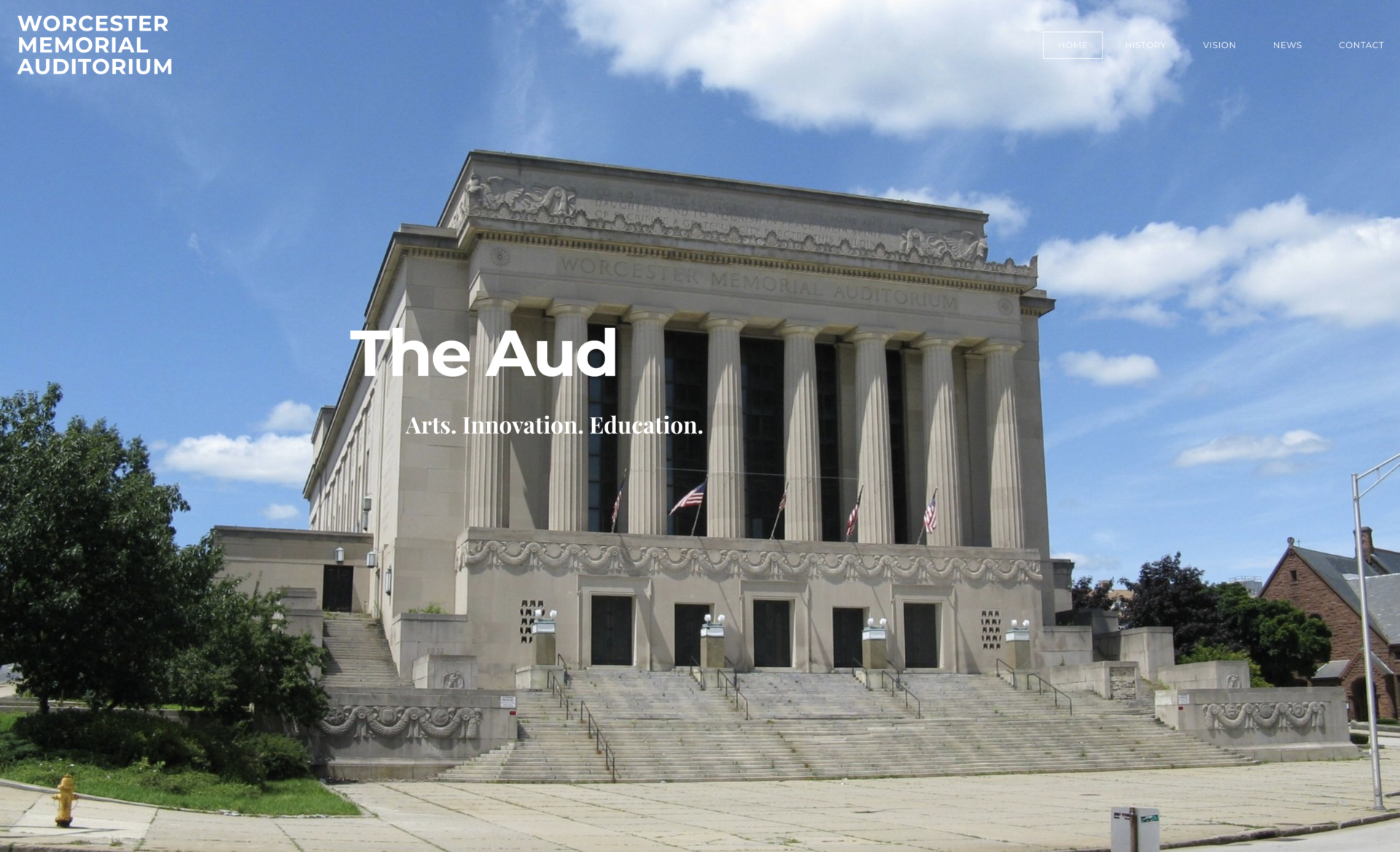 Homepage of the Worcester Memorial Auditorium website. The Architectural Heritage Foundation (AHF) is planning to preserve and redevelop the Aud.
