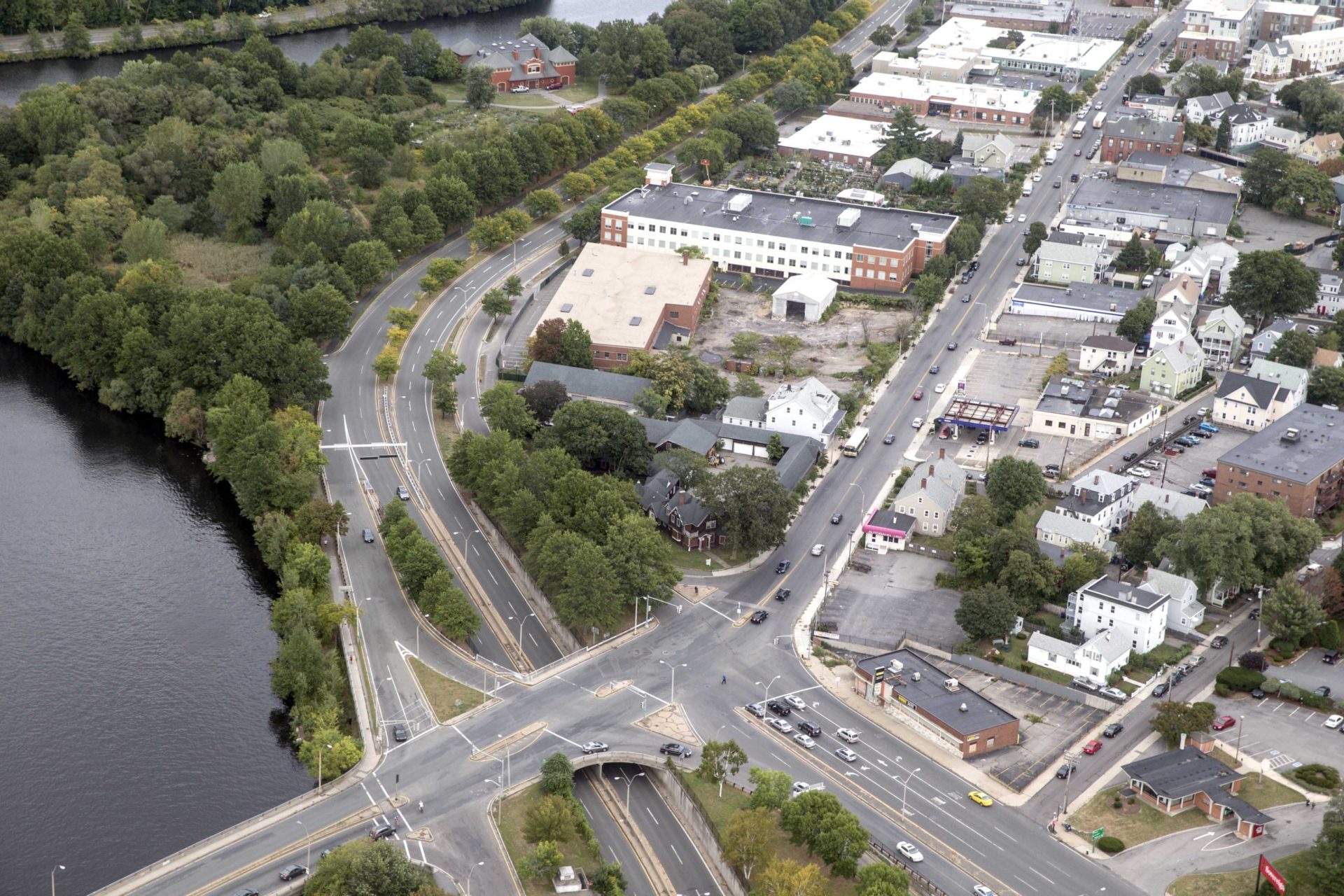 Aerial view of North Brighton and the Charles River Speedway, an adaptive reuse project led by the Architectural Heritage Foundation (AHF).